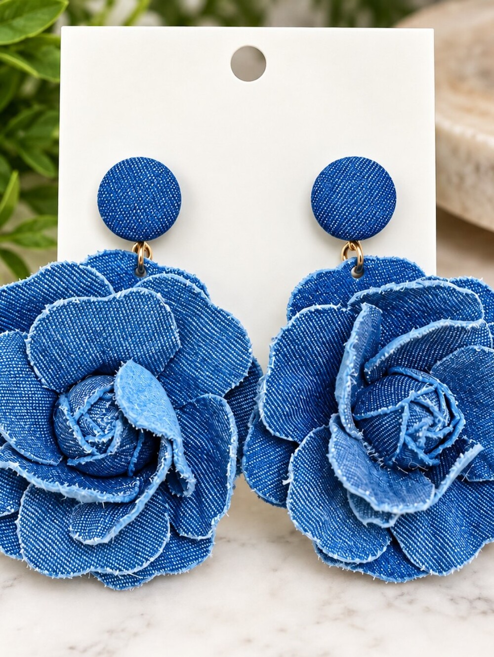 Blue Denim Flower Drop Earrings - Women Accessories